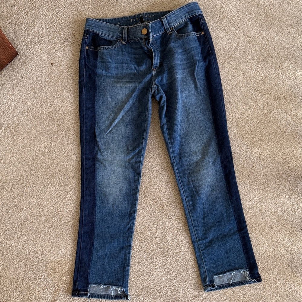 WHBM The Straight Jean Darkened Tuxedo Stripe Crop Raw Hem size 4